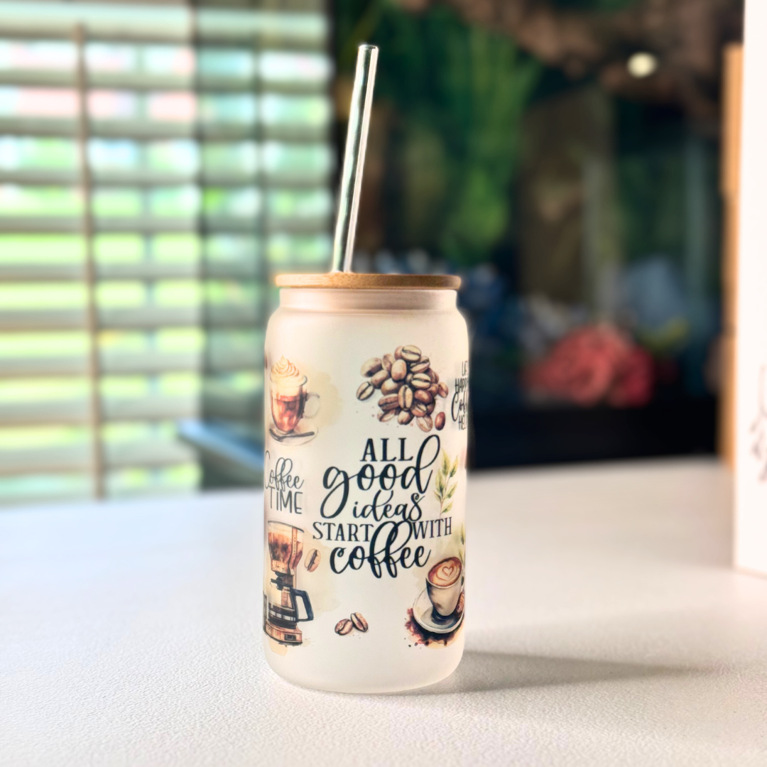 Frosted Glass tumbler with images of coffee beans and says 'all good ideas start with coffee'.