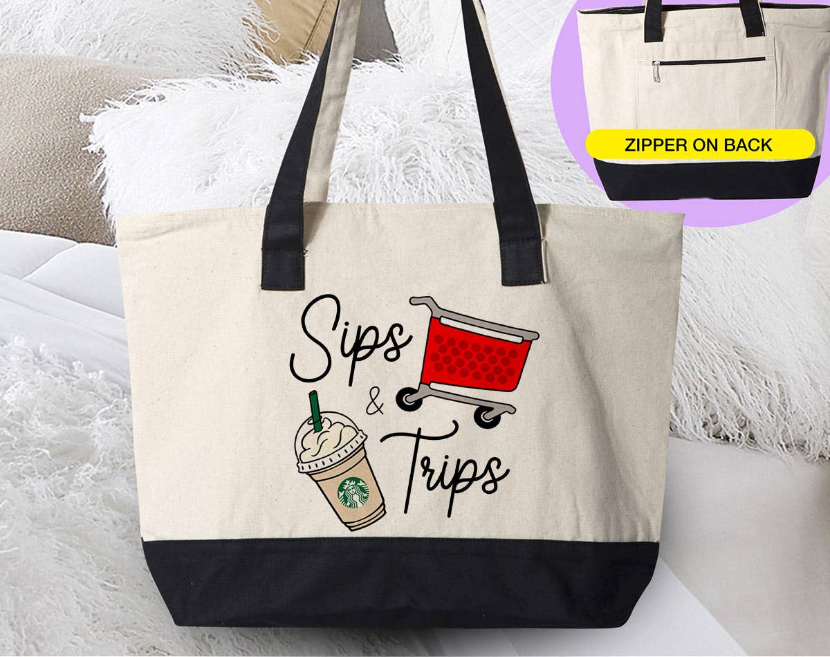 Sips And Trips - Shopping Coffee Canvas Zipper Tote