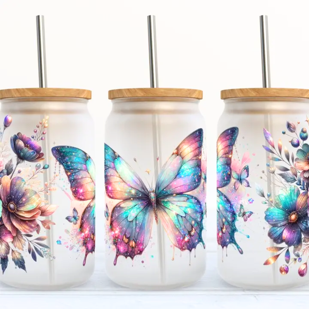 16oz Glass Frosted Tumbler - Butterfly