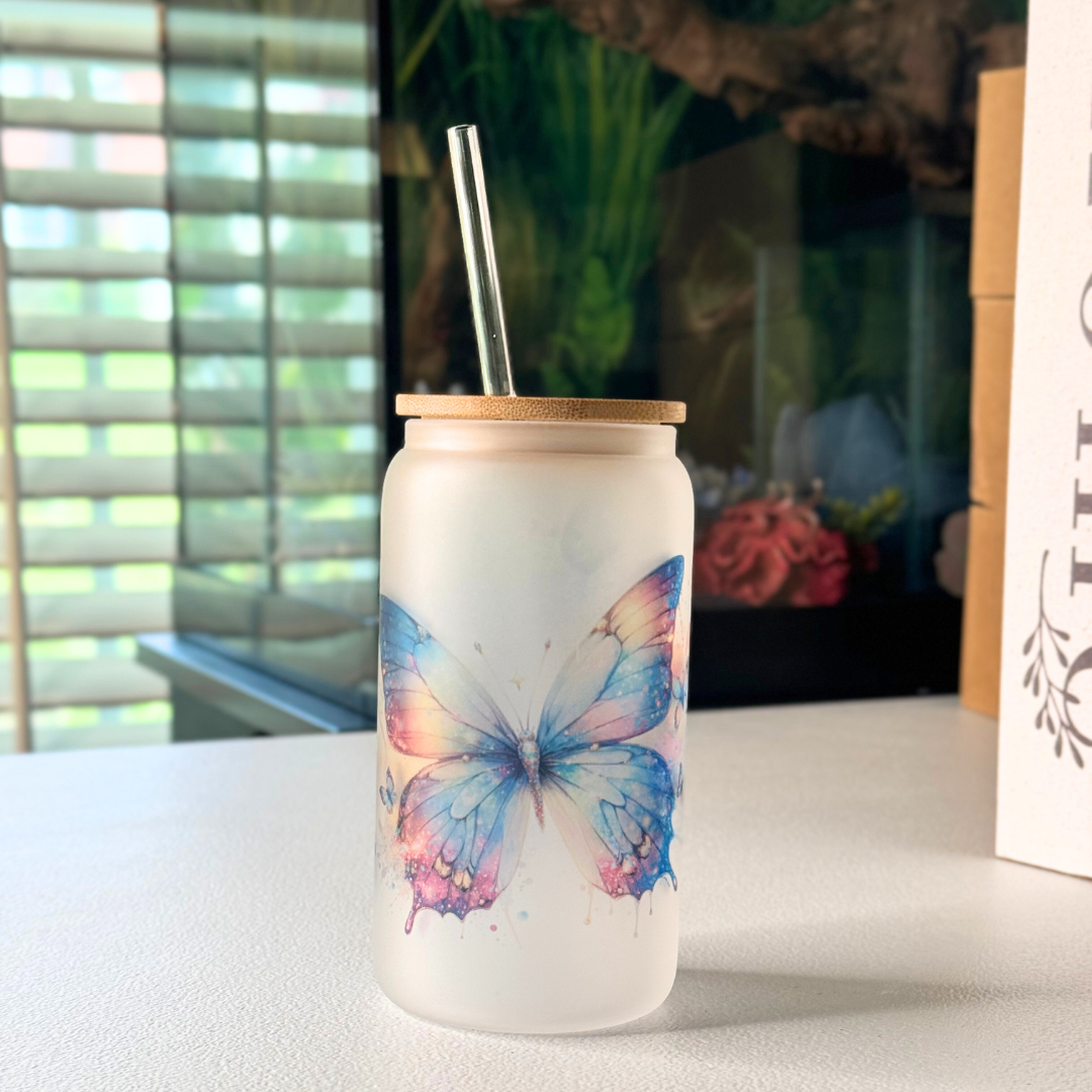 16oz Glass Frosted Tumbler - Butterfly