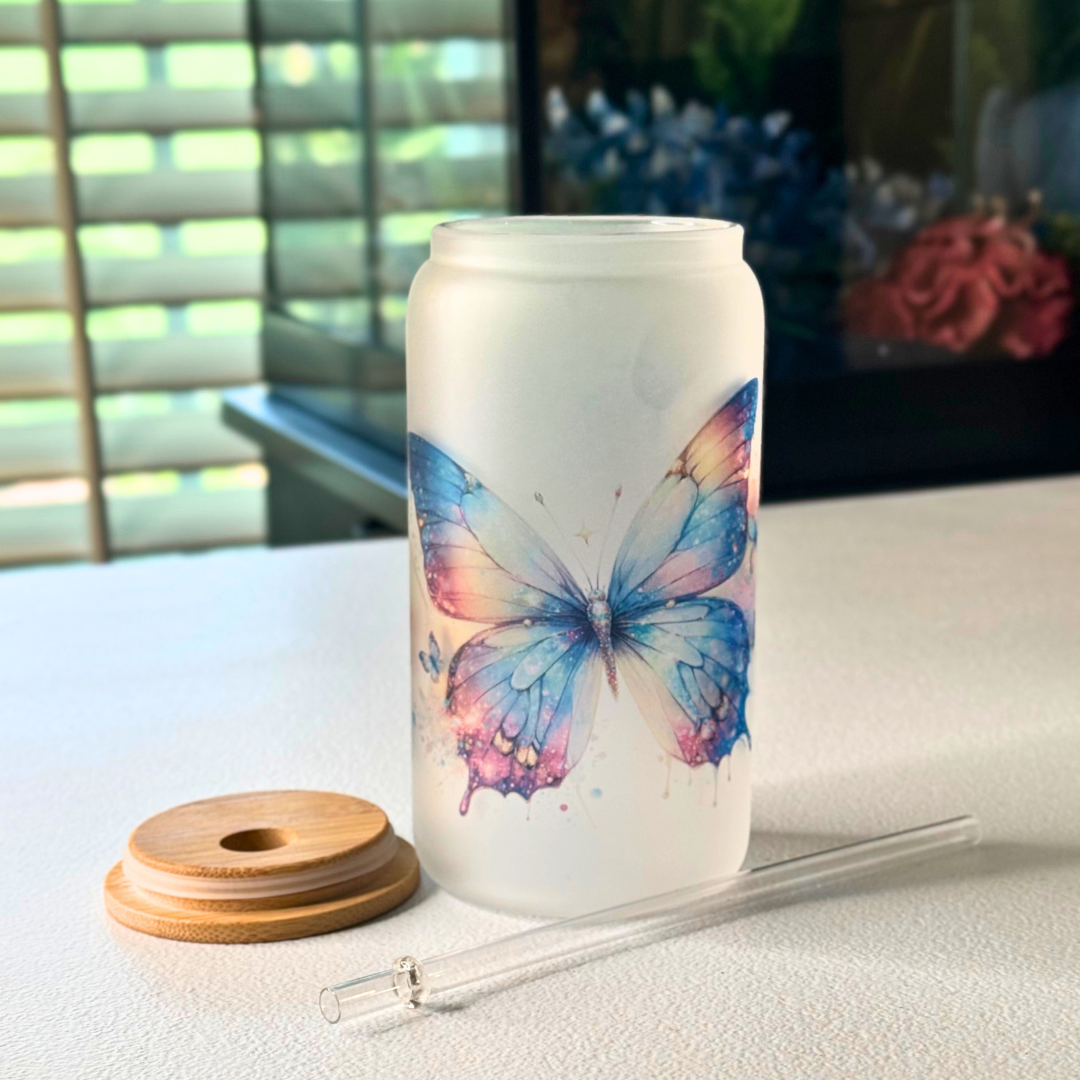 16oz Glass Frosted Tumbler - Butterfly