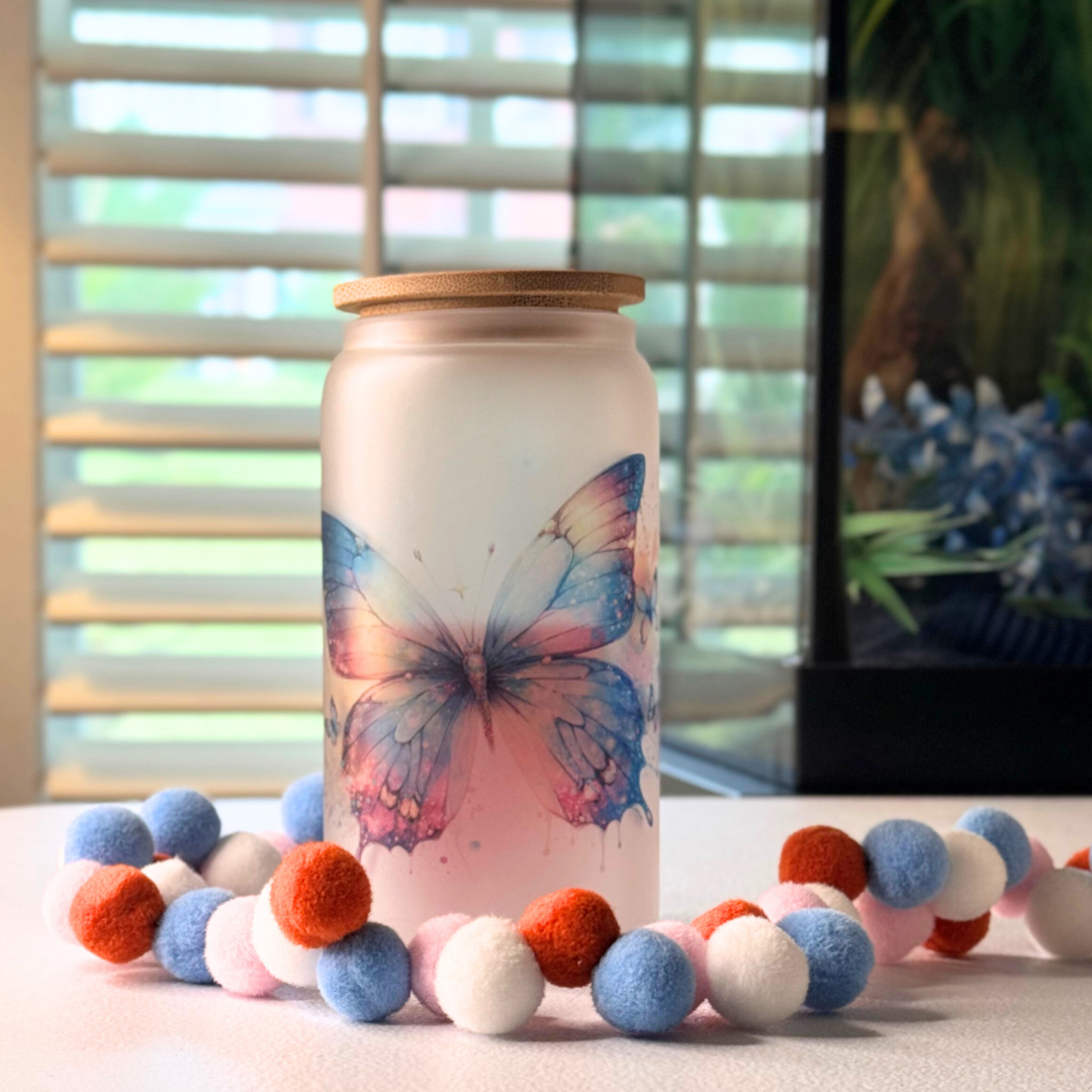 16oz Glass Frosted Tumbler - Butterfly