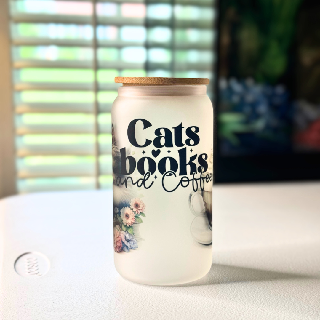 Frosted Glass Tumbler - Cats & Books