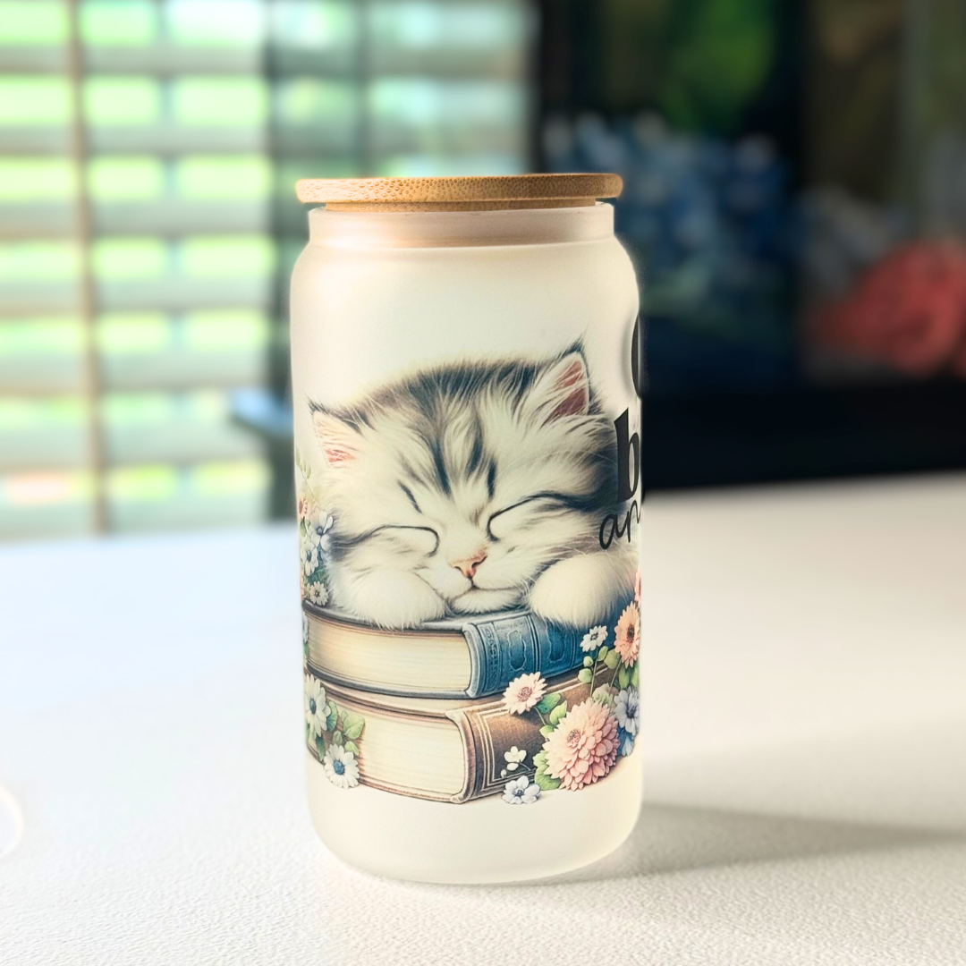 Frosted Glass Tumbler - Cats & Books