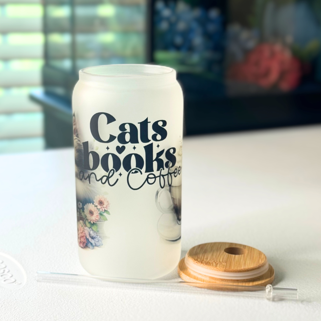 Frosted Glass Tumbler - Cats & Books