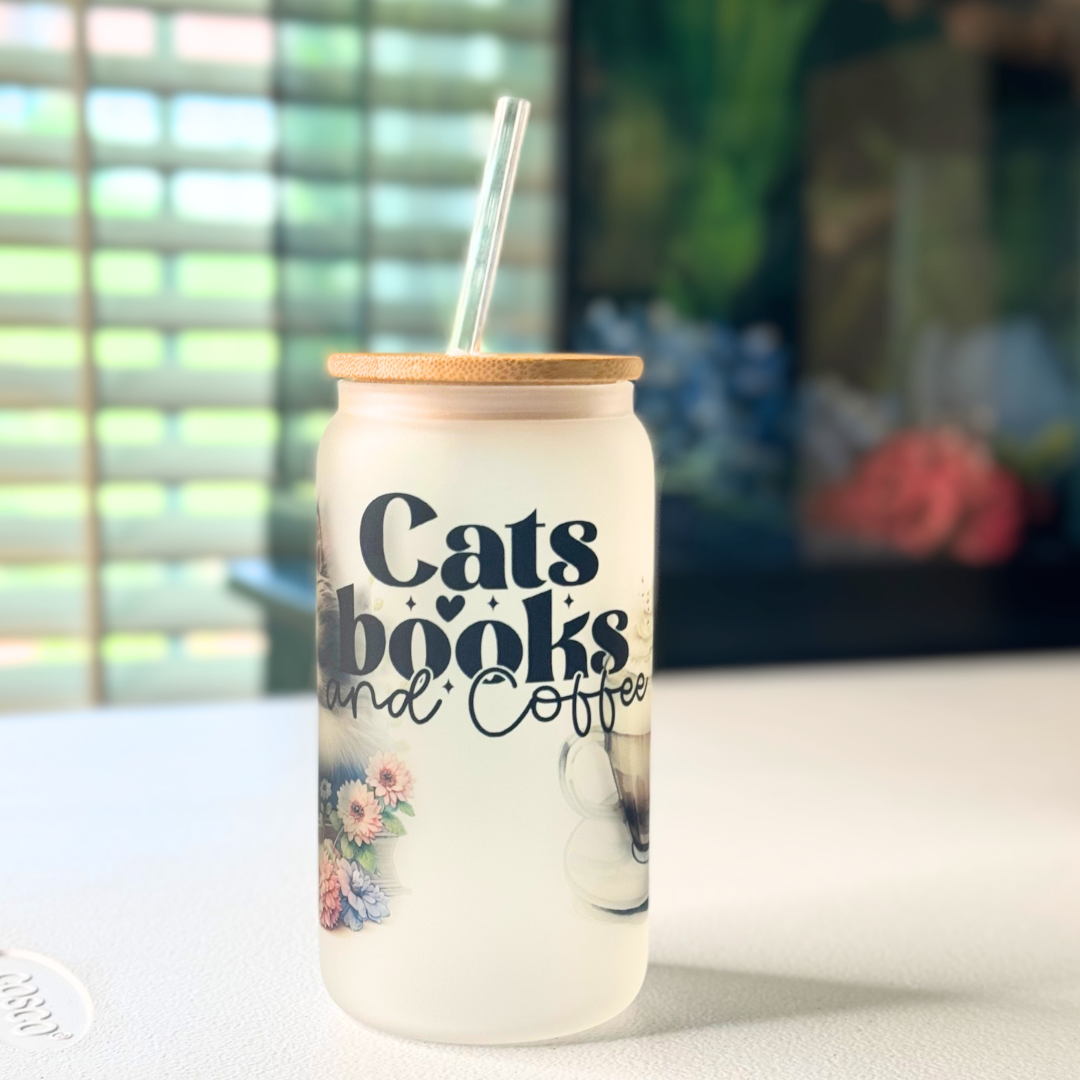 Frosted Glass Tumbler - Cats & Books