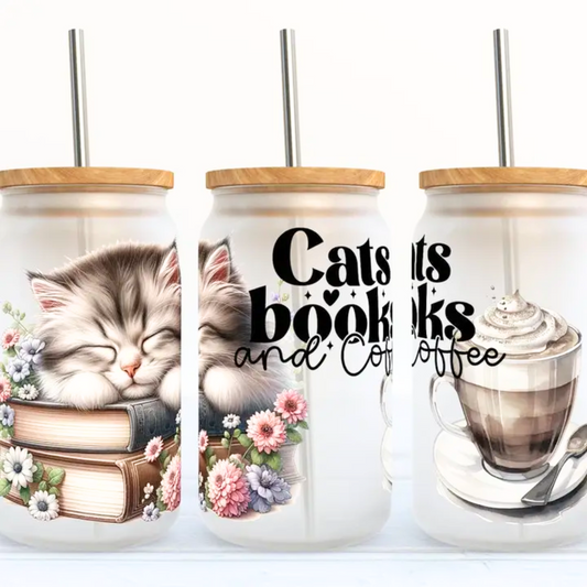 Frosted Glass Tumbler - Cats & Books