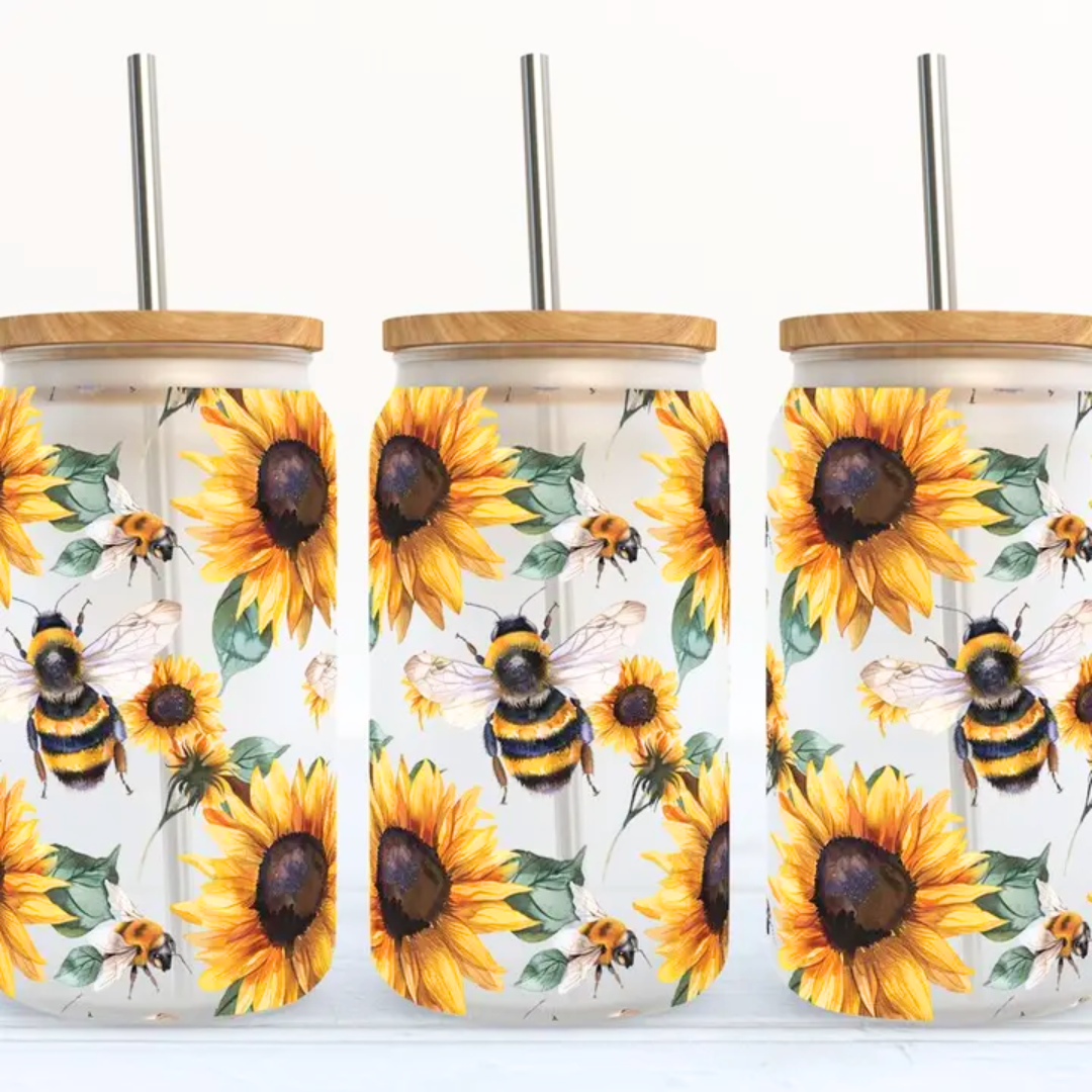 Frosted Glass Tumbler - Sunflower and Bees