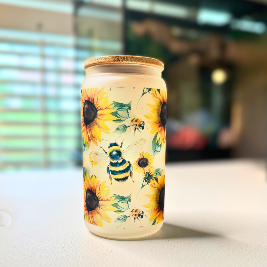 Frosted Glass Tumbler - Sunflower and Bees