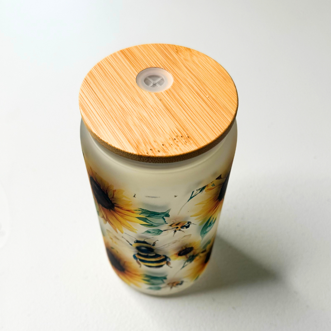 Frosted Glass Tumbler - Sunflower and Bees