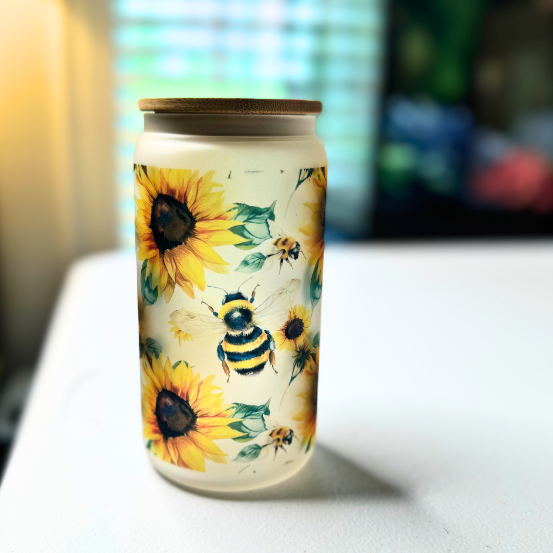 Frosted Glass Tumbler - Sunflower and Bees