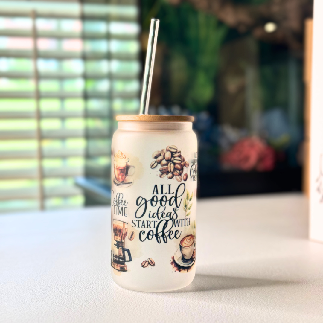 Frosted Glass tumbler with images of coffee beans and says 'all good ideas start with coffee'. 